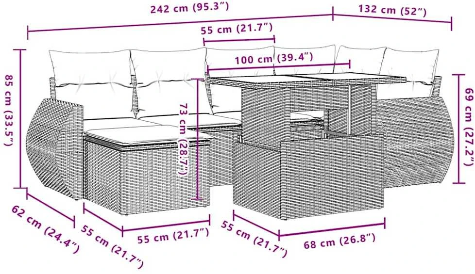 Lauko baldų komplektas Sofos komplektas su pagalvėlėmis, 7 dalių, juodas, poliratanas