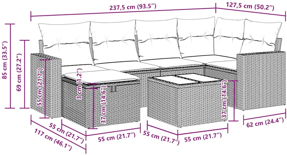 Sofos komplektas su pagalvėlėmis, 7 dalių, juodas, poliratanas