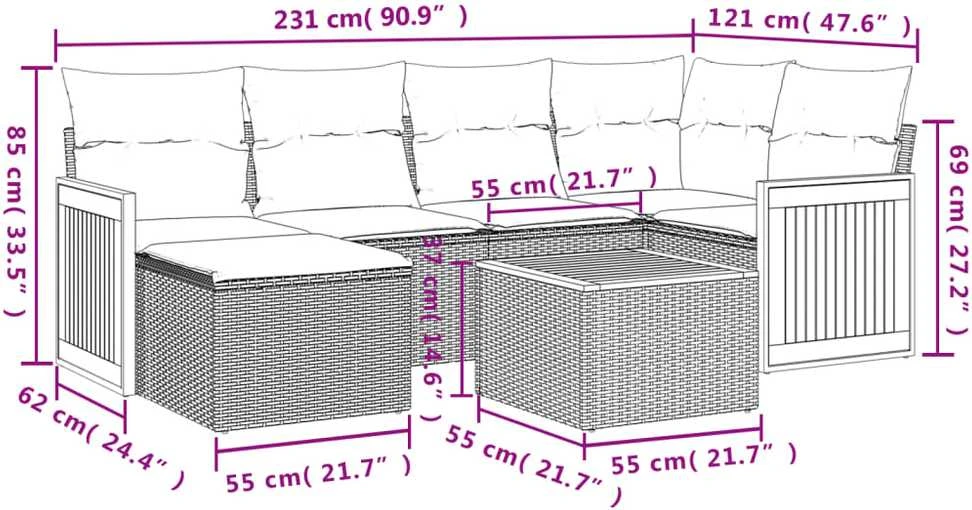 Sofa Sofos komplektas su pagalvėlėmis, 7 dalių, juodas, poliratanas