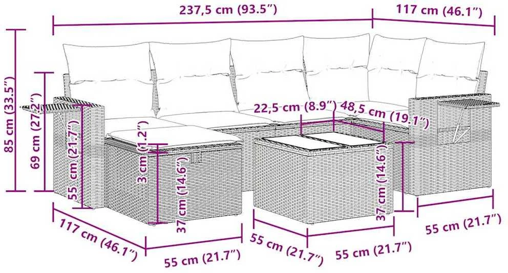 Lauko baldų komplektas Sofos komplektas su pagalvėlėmis, 7 dalių, rudas, poliratanas