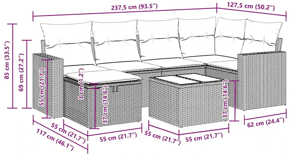 Sofos komplektas su pagalvėlėmis, 7 dalių, smėlio, poliratanas
