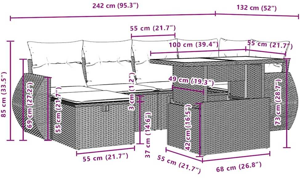 Sofa Sofos komplektas su pagalvėlėmis, 7 dalių, smėlio, poliratanas