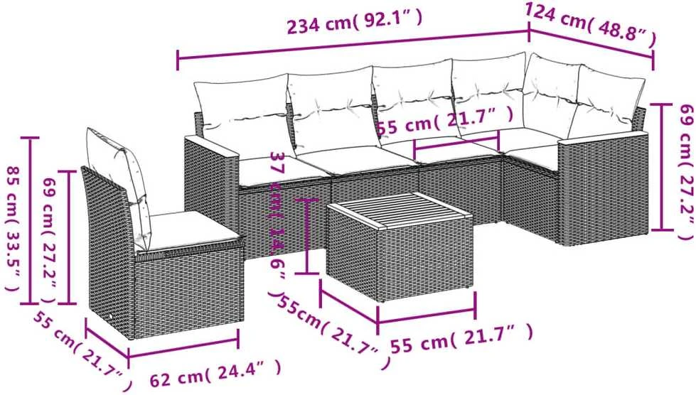 Lauko baldų komplektas Sofos komplektas su pagalvėlėmis, 7 dalių, juodas, poliratanas