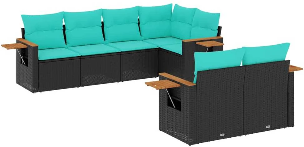 Sofa Sofos komplektas su pagalvėlėmis, 7 dalių, juodas, poliratanas