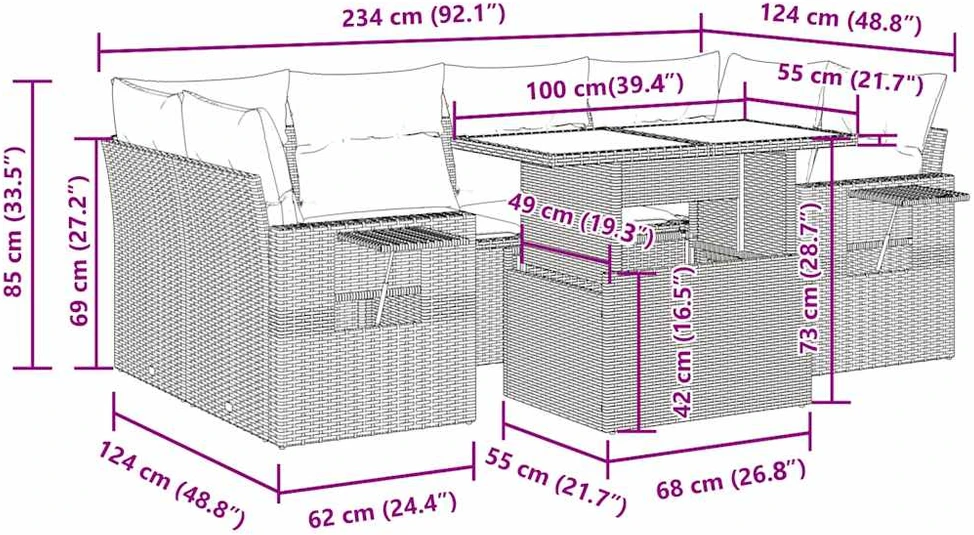 Lauko baldų komplektas Sofos komplektas su pagalvėlėmis, 7 dalių, smėlio, poliratanas