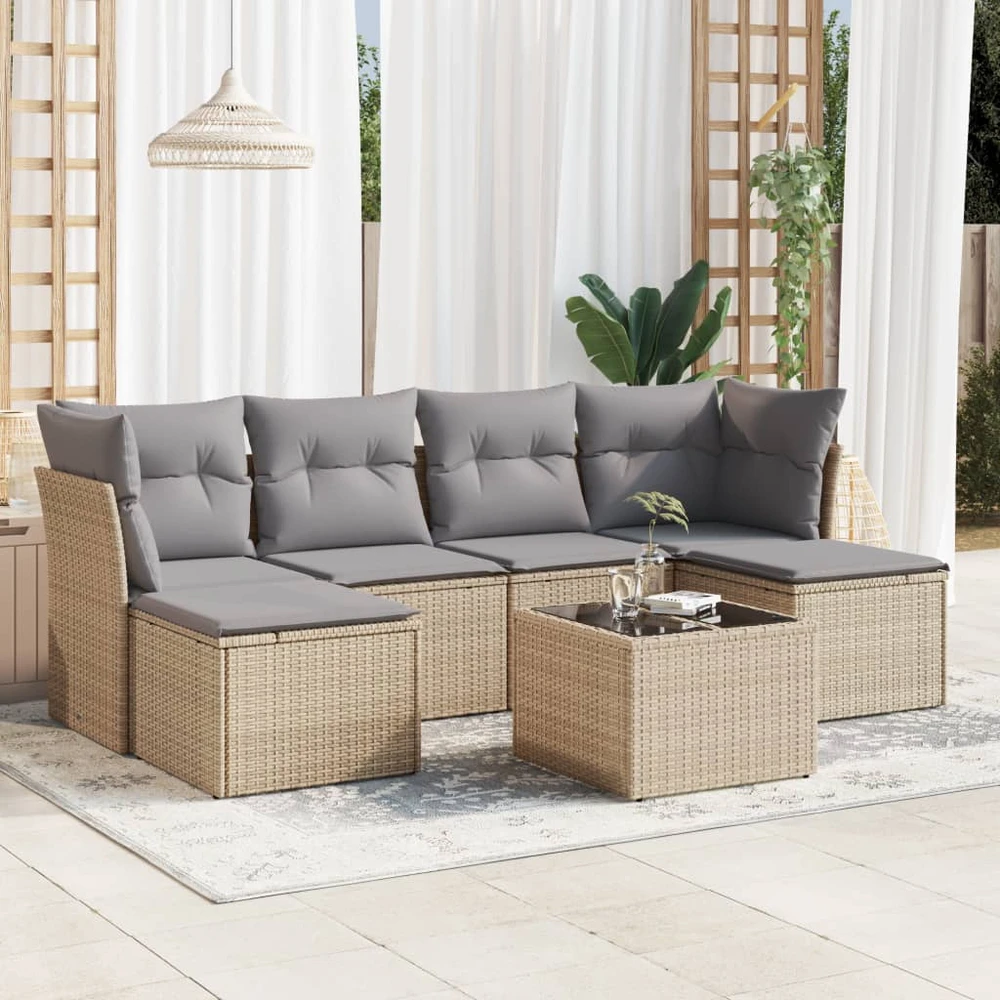 Sofa Sofos komplektas su pagalvėlėmis, 7 dalių, smėlio, poliratanas