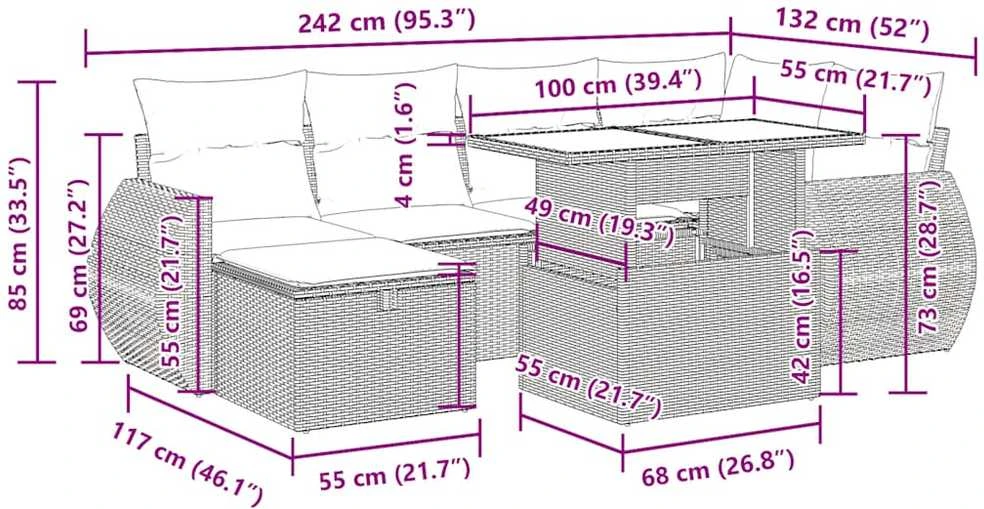 Lauko baldų komplektas Sofos komplektas su pagalvėlėmis, 7 dalių, pilkas, poliratanas