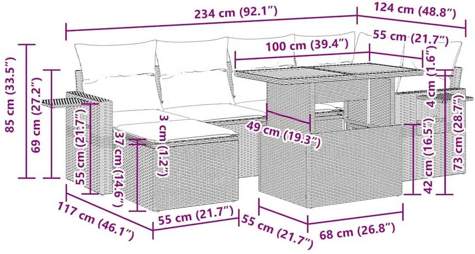 Sofos komplektas su pagalvėlėmis, 7 dalių, smėlio, poliratanas