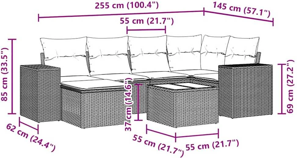 Sofa Sofos komplektas su pagalvėlėmis, 7 dalių, pilkas, poliratanas
