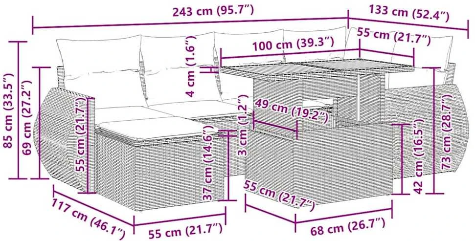 Lauko baldų komplektas Sofos komplektas su pagalvėlėmis, 7 dalių, juodas, poliratanas