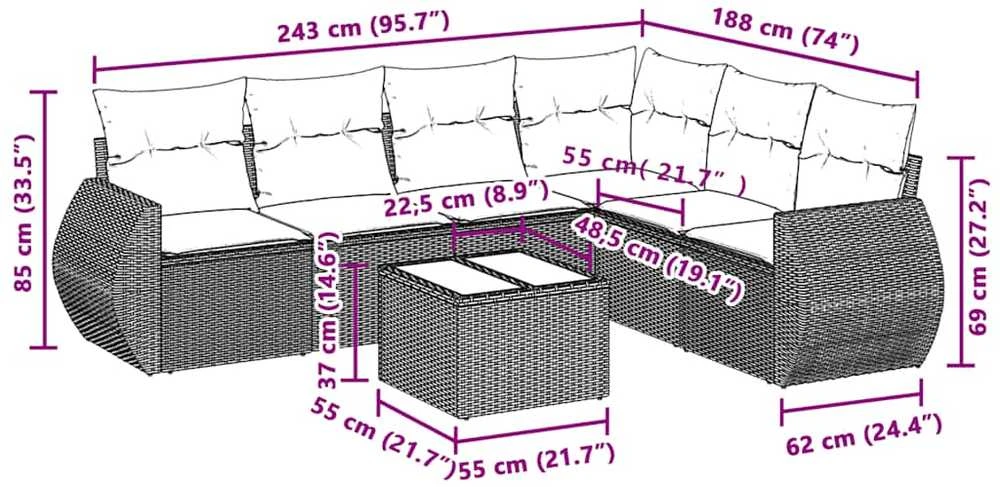 Sofa Sofos komplektas su pagalvėlėmis, 7 dalių, pilkas, poliratanas