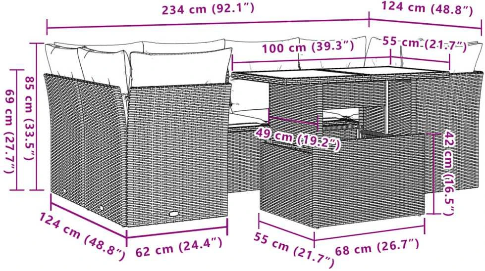 Lauko baldų komplektas Sofos komplektas su pagalvėlėmis, 7 dalių, juodas, poliratanas