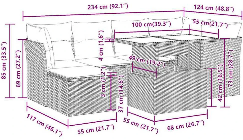 Lauko baldų komplektas Sofos komplektas su pagalvėlėmis, 7 dalių, pilkas, poliratanas