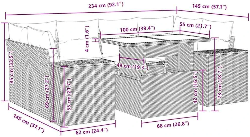 Lauko baldų komplektas Sofos komplektas su pagalvėlėmis, 7 dalių, rudas, poliratanas