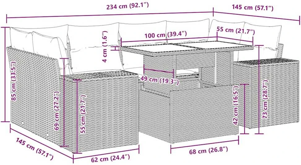 Lauko baldų komplektas Sofos komplektas su pagalvėlėmis, 7 dalių, smėlio, poliratanas