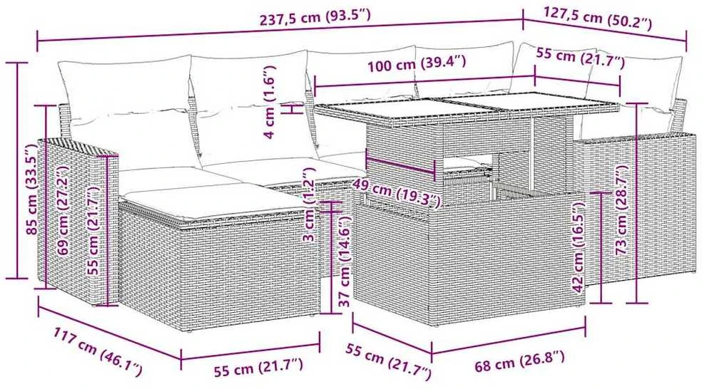 Lauko baldų komplektas Sofos komplektas su pagalvėlėmis, 7 dalių, pilkas, poliratanas