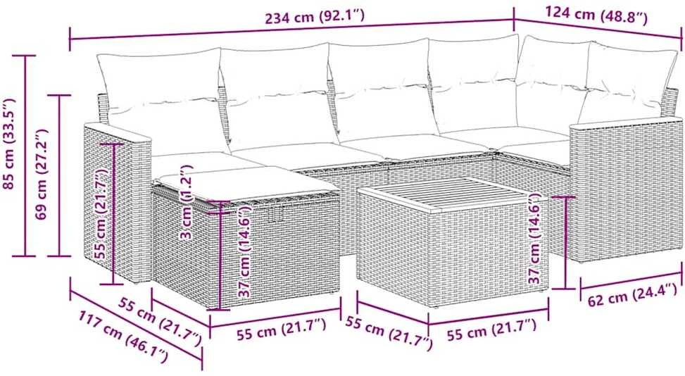 Lauko baldų komplektas Sofos komplektas su pagalvėlėmis, 7 dalių, juodas, poliratanas
