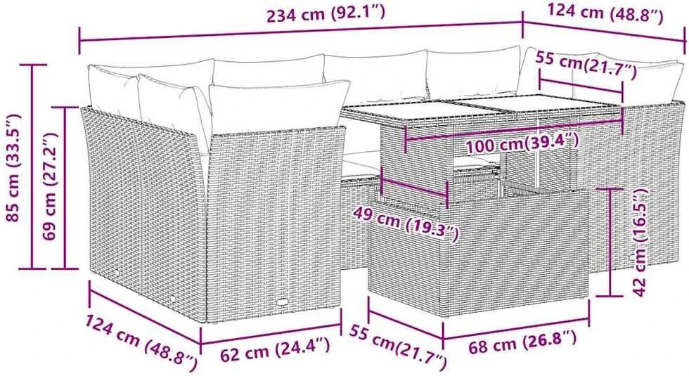 Lauko baldų komplektas Sofos komplektas su pagalvėlėmis, 7 dalių, juodas, poliratanas
