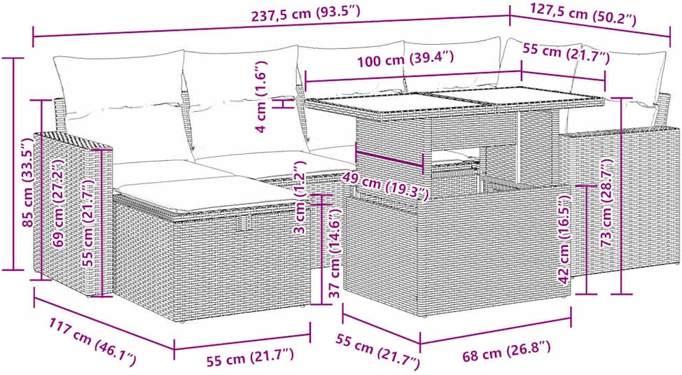 Sofos komplektas su pagalvėlėmis, 7 dalių, juodas, poliratanas