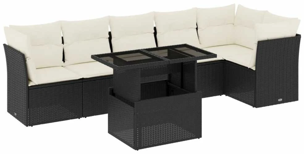 Lauko baldų komplektas Sofos komplektas su pagalvėlėmis, 7 dalių, juodas, poliratanas