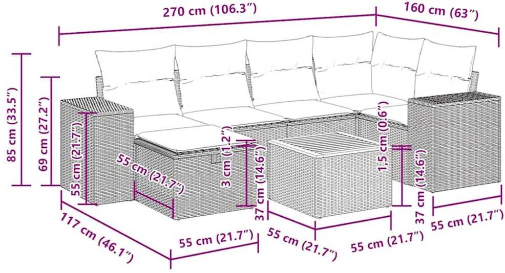 Lauko baldų komplektas Sofos komplektas su pagalvėlėmis, 7 dalių, juodas, poliratanas