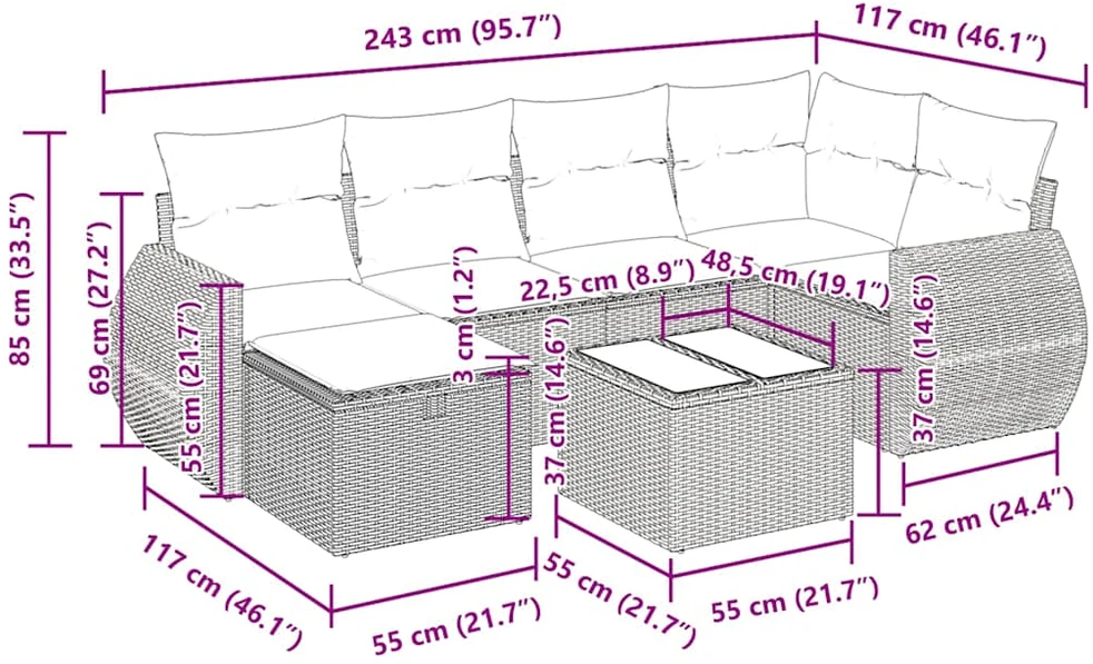 Sofos komplektas su pagalvėlėmis, 7 dalių, juodas, poliratanas