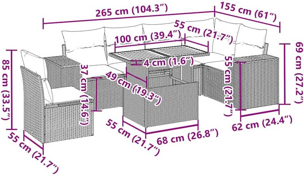 Sofa Sofos komplektas su pagalvėlėmis, 7 dalių, juodas, poliratanas