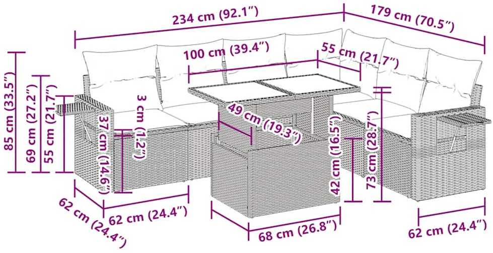 Lauko baldų komplektas Sofos komplektas su pagalvėlėmis, 7 dalių, juodas, poliratanas