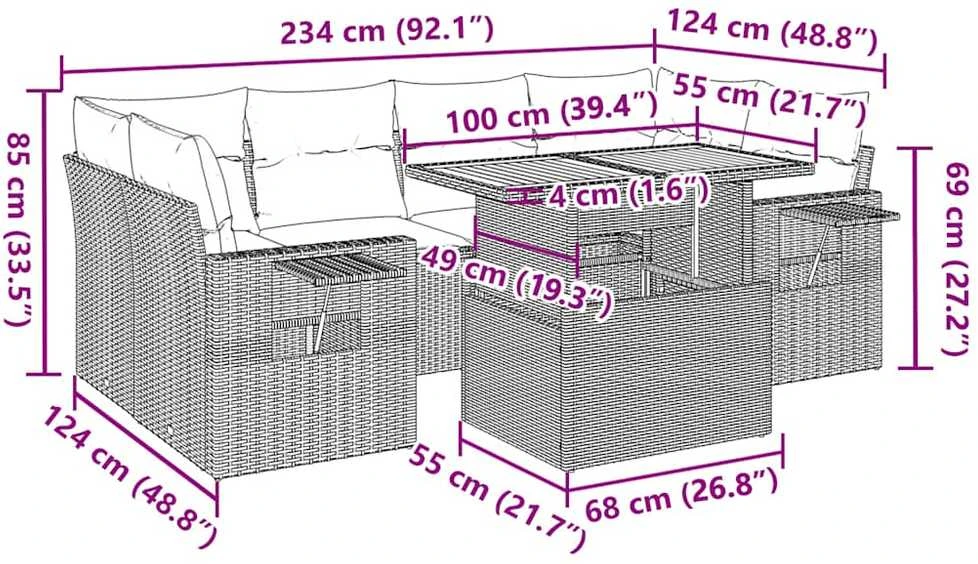 Sofa Sofos komplektas su pagalvėlėmis, 7 dalių, pilkas, poliratanas