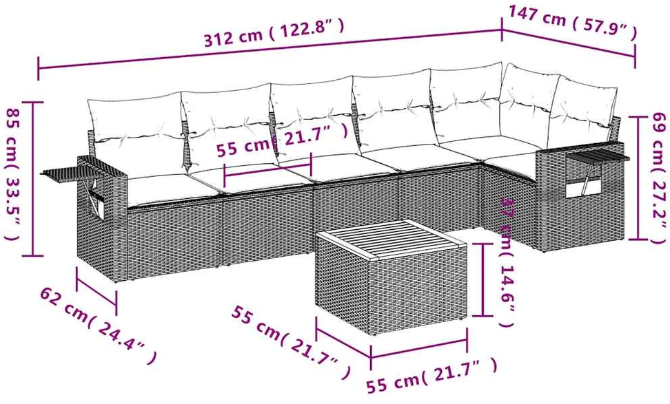 Sofos komplektas su pagalvėlėmis, 7 dalių, juodas, poliratanas