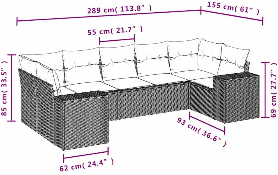 Lauko baldų komplektas Sofos komplektas su pagalvėlėmis, 7 dalių, juodas, poliratanas