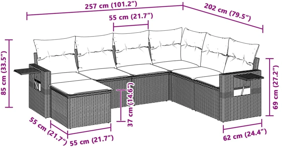 Sofa Sofos komplektas su pagalvėlėmis, 7 dalių, pilkas, poliratanas