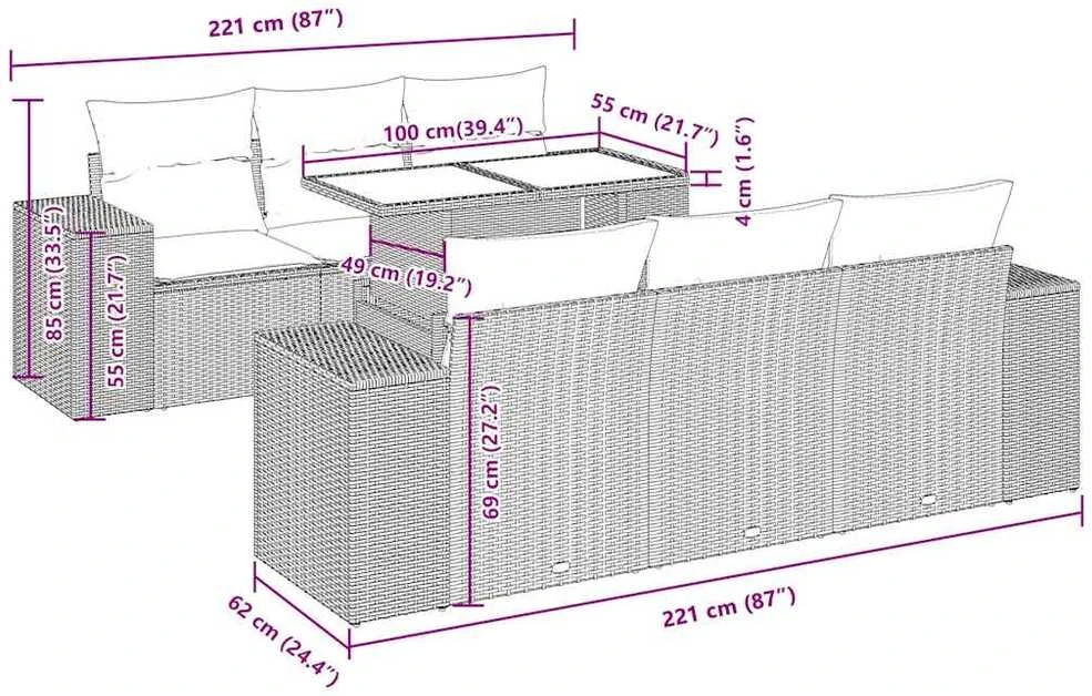 Lauko baldų komplektas Sofos komplektas su pagalvėlėmis, 7 dalių, juodas, poliratanas