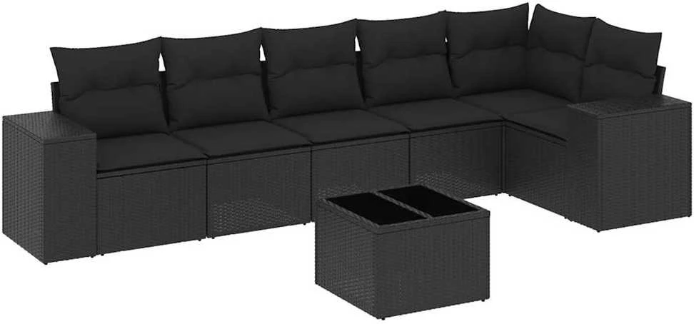 Sofa Sofos komplektas su pagalvėlėmis, 7 dalių, juodas, poliratanas