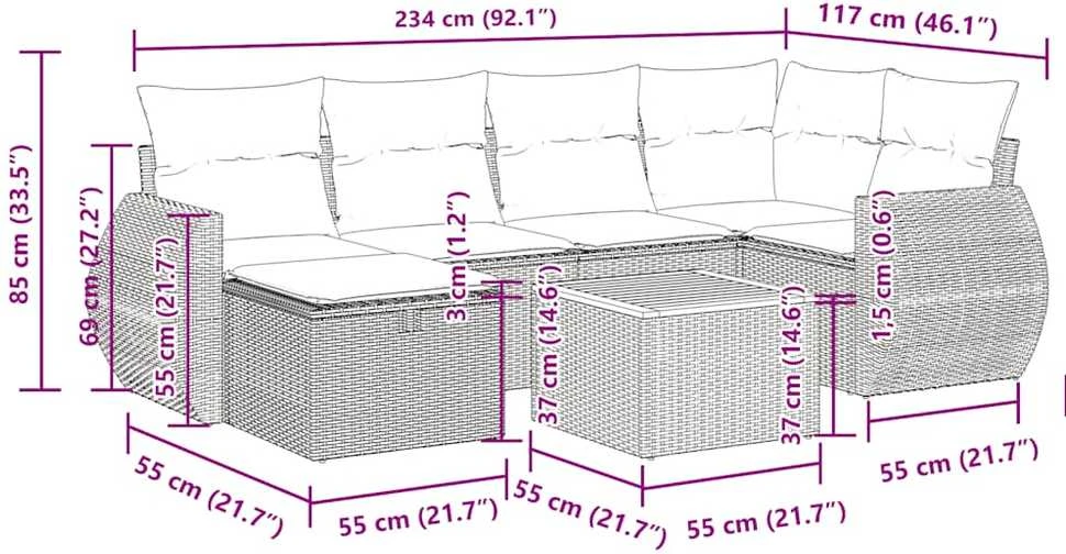 Lauko baldų komplektas Sofos komplektas su pagalvėlėmis, 7 dalių, juodas, poliratanas