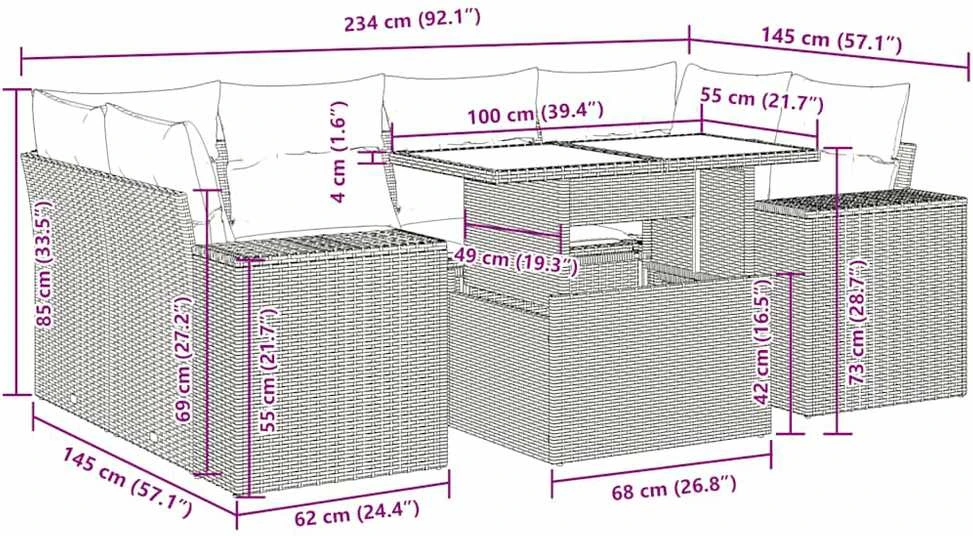 Lauko baldų komplektas Sofos komplektas su pagalvėlėmis, 7 dalių, juodas, poliratanas