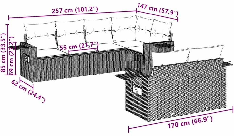 Lauko baldų komplektas Sofos komplektas su pagalvėlėmis, 7 dalių, pilkas, poliratanas
