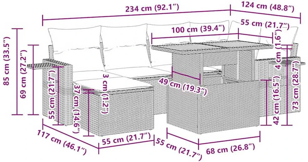 Lauko baldų komplektas Sofos komplektas su pagalvėlėmis, 7 dalių, juodas, poliratanas