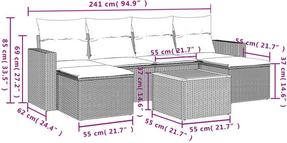 Lauko baldų komplektas Sofos komplektas su pagalvėlėmis, 7 dalių, juodas, poliratanas