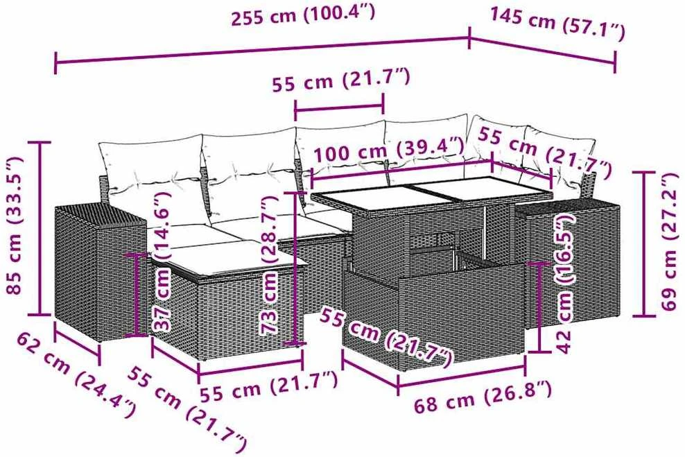 Lauko baldų komplektas Sofos komplektas su pagalvėlėmis, 7 dalių, juodas, poliratanas