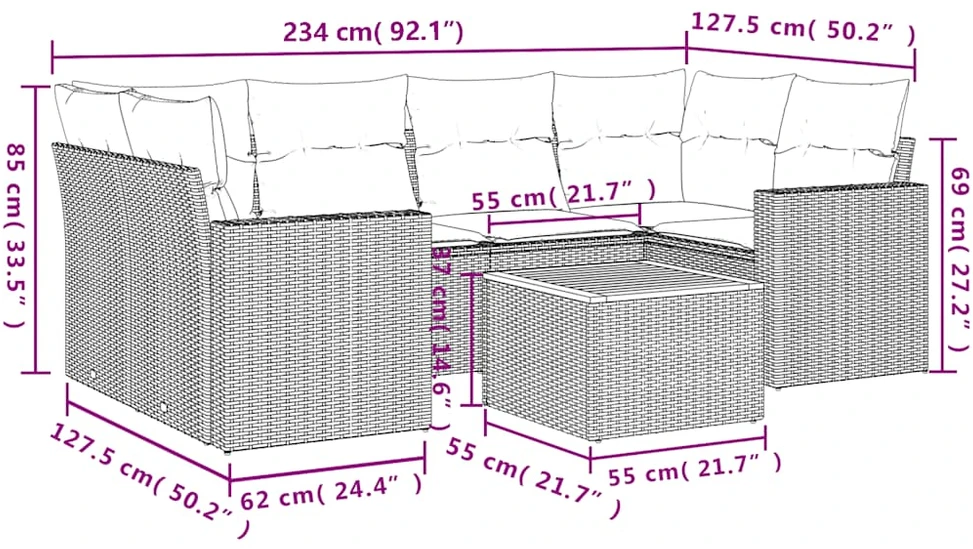 Sofos komplektas su pagalvėlėmis, 7 dalių, juodas, poliratanas
