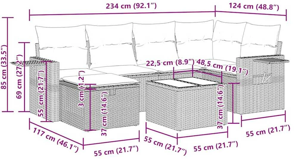 Lauko baldų komplektas Sofos komplektas su pagalvėlėmis, 7 dalių, smėlio, poliratanas
