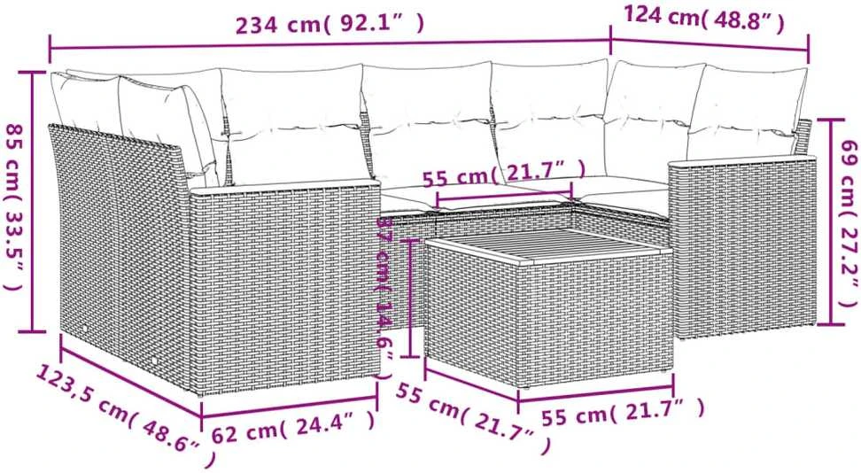 Lauko baldų komplektas Sofos komplektas su pagalvėlėmis, 7 dalių, juodas, poliratanas
