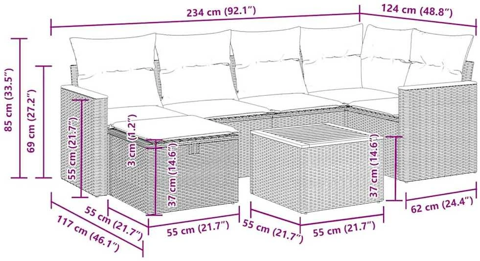 Sofos komplektas su pagalvėlėmis, 7 dalių, juodas, poliratanas
