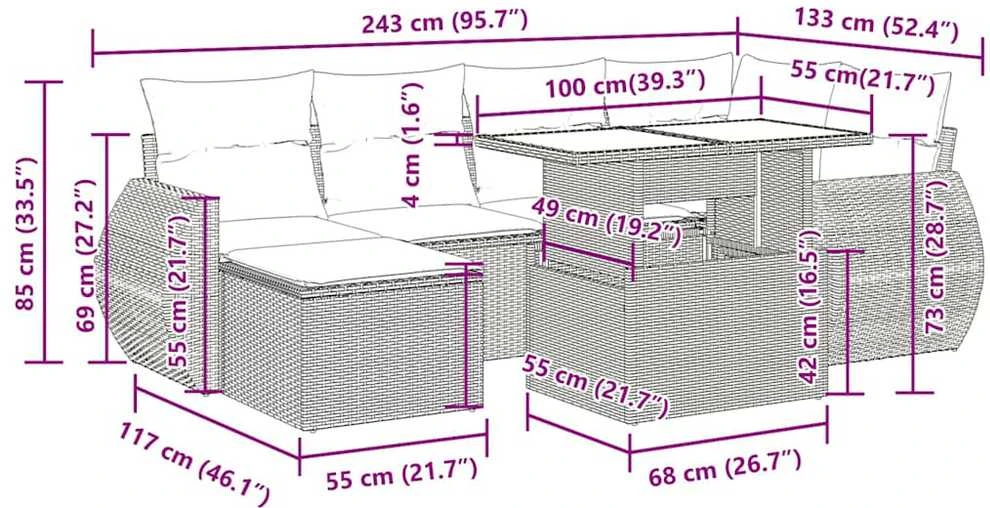 Lauko baldų komplektas Sofos komplektas su pagalvėlėmis, 7 dalių, rudas, poliratanas