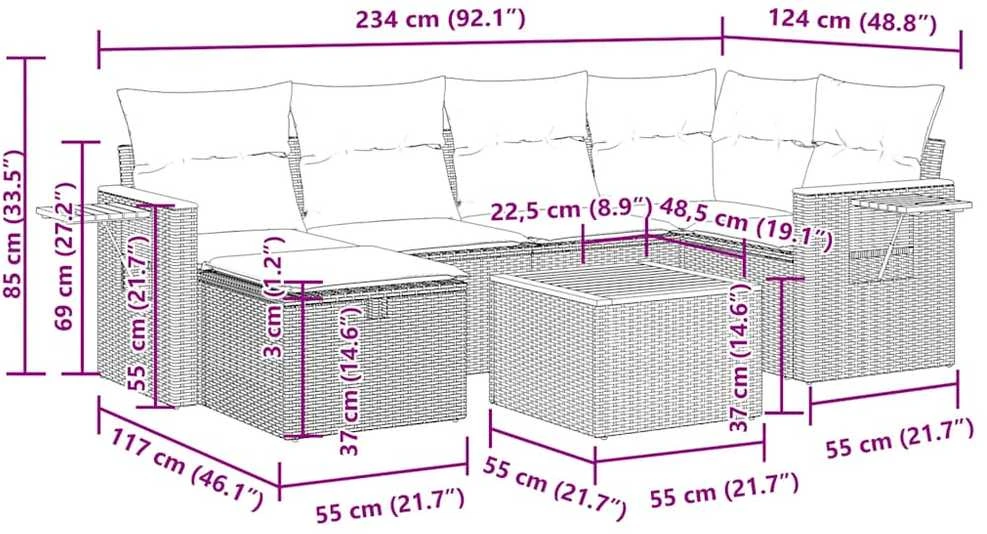 Lauko baldų komplektas Sofos komplektas su pagalvėlėmis, 7 dalių, juodas, poliratanas