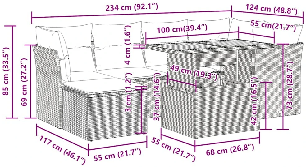 Sofos komplektas su pagalvėlėmis, 7 dalių, juodas, poliratanas