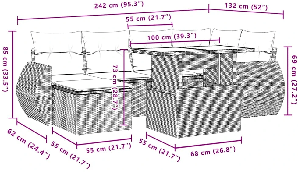 Lauko baldų komplektas Sofos komplektas su pagalvėlėmis, 7 dalių, juodas, poliratanas