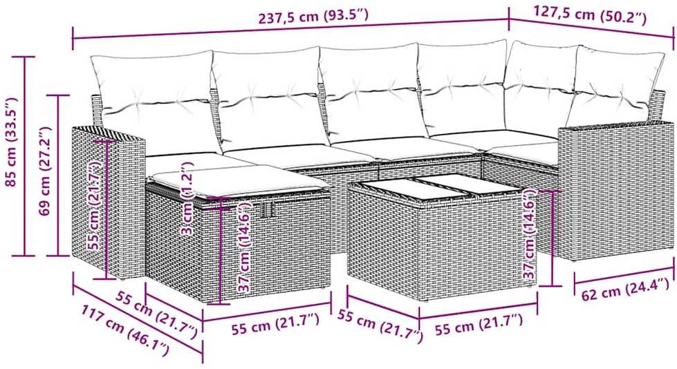 Lauko baldų komplektas Sofos komplektas su pagalvėlėmis, 7 dalių, rudas, poliratanas