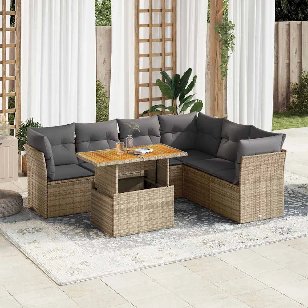 Sofa Sofos komplektas su pagalvėlėmis, 7 dalių, smėlio, poliratanas